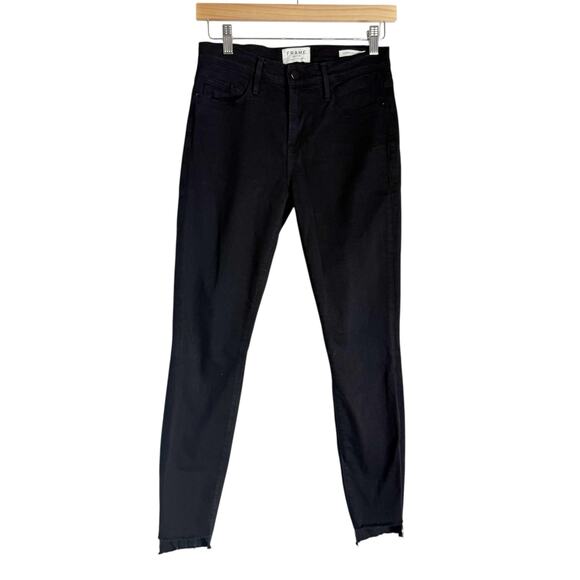 Frame Le Skinny de Jeanne Noir Black Raw Step Hem Mid Rise Jeans Size 25 - Picture 2 of 6